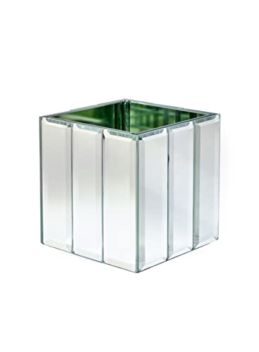 Serene Spaces Living Small Gatsby Mirror Strip Cube Vase – Art Deco Inspired Glass Vase with Mirror Finish, Measures 4” Cube