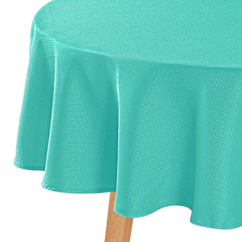 Hiasan Round Textured Tablecloth 60 Inch - Waterproof Spillproof Antiwrinkle Jacquard Table Cloth, Decorative Polyester Table Cover for Kitchen, Outdoor Picnic, Holiday and Parties, Aqua
