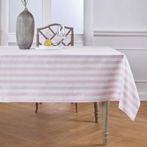 Solino Home 100% Pure Linen Tablecloth, 60 x 90 in, Pink and White Striped - Sorrento Stripe Linen Table Cloth for dining tables, celebrations and entertaining - woven stripe design - OEKO-TEX Certified
