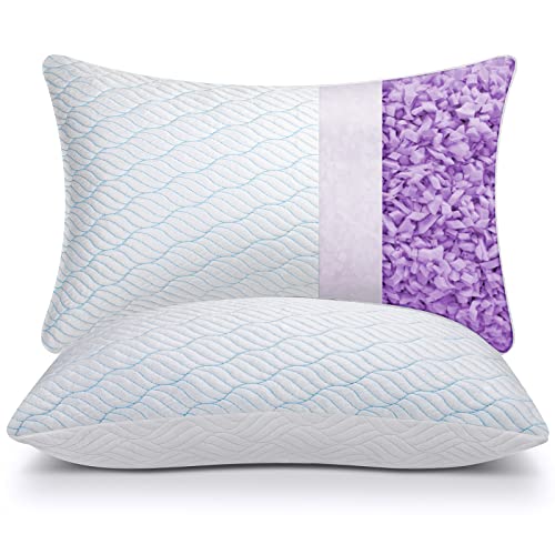 WISHSMILE ZASTION Cooling Shredded Memory Foam Pillows for Sleeping Cool Cold Pillow Queen Size Set of 2 with Zipper, Adjustable Firmness to Hot, Side, Back and Stomach Sleepers, 2 Pack, 20x30