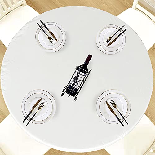 "LUSHVIDA Round Tablecloth, Fitted Table Cloth for 45""-56"" Tables, Ivory - Elastic Edge, 100% Waterproof Plastic, Vinyl Flannel Backed Circle Table Cover Cloth for Camping Dining Indoor and Outdoor"