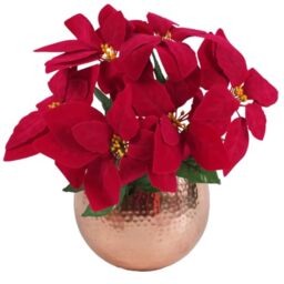 Leaf Artificial Christmas Xmas Red Poinsettia 40cm Houseplant in Pot, Silk, Copper Curved Edge