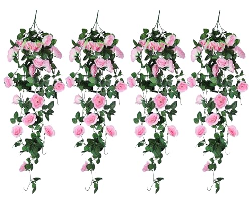 RECUTMS 4PCS Artificial Rose Vine Hanging Plants Fake Hanging Flower Artificial Outdoor Flowers UV Resistant for Indoor Outside Hanging Plants Garden Porch Window