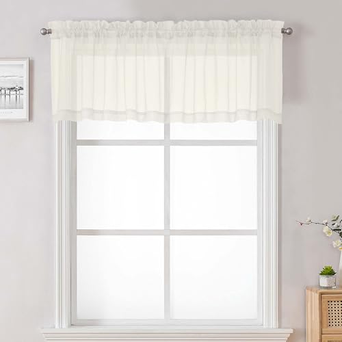 "Lecloud Ivory Sheer Valances for Windows 18 Inch Length 2 Pcs, Cafe Kitchen Curtains for Bedroom Living Room, Short Curtains for Small Windows with Dual Rod Pocket Home Decor, 42"" W x 18"" L"