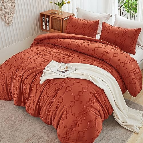 Andency Queen Comforter Set Burnt Orange, 3 Pcs Bedding - Soft Fluffy Farmhouse Comforter Set, Boho Tufted Textured Geometric Design, All Seasons (90x90 Inch)