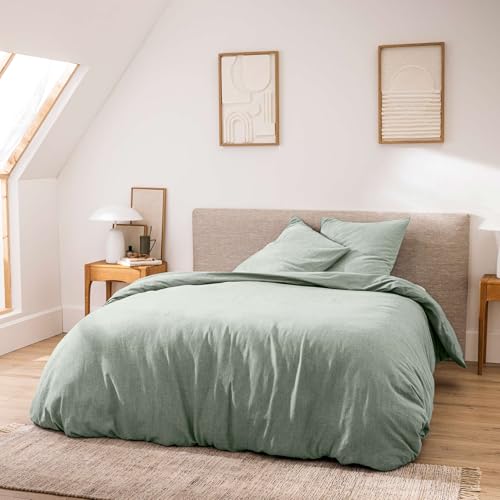 Douceur d'Intérieur, 3-Piece Bedding Set (240 x 220 cm) Meline Sage 100% Cotton Yarn Dyed
