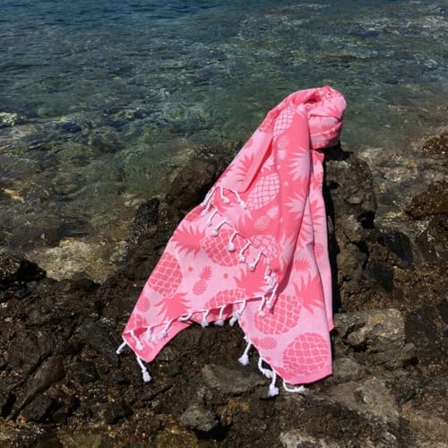 Soft 100% Cotton Pineapple Fouta Beach Towel 100 x 180 cm - High Absorbency Machine Washable - Pink - Ideal for Beach and Pool