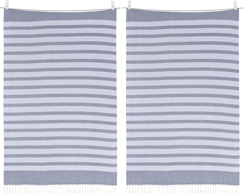 Sleepdown 100% Cotton Striped Tasseled Beach Towel Soft Absorbent Swimming Pool Travel Camping Bath Sauna Gym Yoga with Bag - White Blue - (80 x 165cm),5056242898535 (Pack of 2)