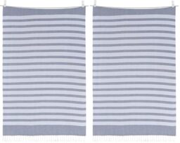 Sleepdown 100% Cotton Striped Tasseled Beach Towel Soft Absorbent Swimming Pool Travel Camping Bath Sauna Gym Yoga with Bag - White Blue - (80 x 165cm),5056242898535 (Pack of 2)