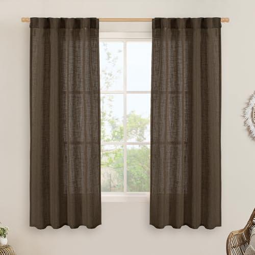 LAMIT Linen Curtains 60 Inch Length 2 Panels, Light Filtering Panels Back Tab and Rod Pocket Neutral Drapes for Bedroom/Window/Living Room, Dark Brown, 34 x 60 Inch