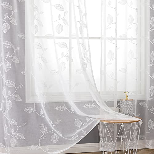 BGment Sheer Curtains 63 inches Length, Faux Linen Embroidered Leaf Pattern Semi Sheer Voile Drapes Light Filtering Grommet Privacy Window Treatment for Bedroom, 2 Panels, 42 x 63 Inch, White