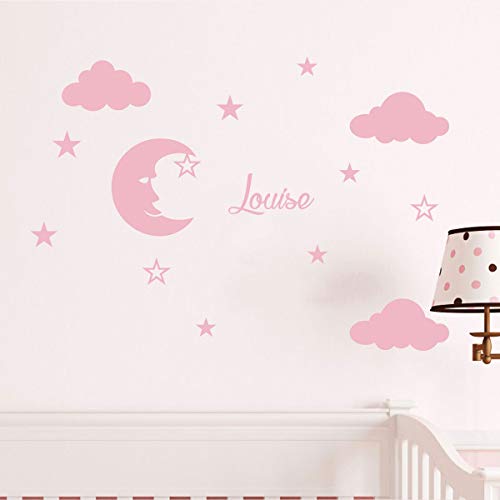Personalised Name Stickers - Moon and Clouds Wall Sticker - Children's Room Wall Decoration - 2 Sheets of 25 x 30 cm and 40 x 30 cm - Powder Pink