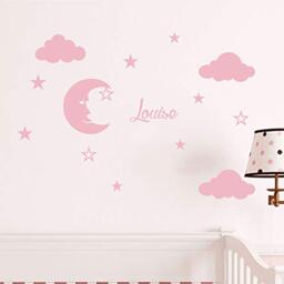 Personalised Name Stickers - Moon and Clouds Wall Sticker - Children's Room Wall Decoration - 2 Sheets of 25 x 30 cm and 40 x 30 cm - Powder Pink