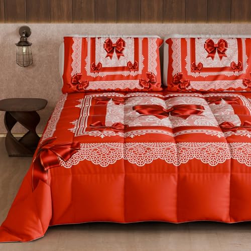 PETTI Artigiani Italiani - Double Winter Quilt, Double Duvet, Plain Colour and Digital Print Red Bow, Made in Italy