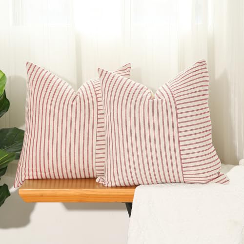 Hckot Christmas Farmhouse Pillow Covers 20x20, Red Throw Pillow Covers Set of 2, Striped Linen Decorative Pillows Cushion Covers for Couch Chair Beding Xmas Winter Decorations(Red)