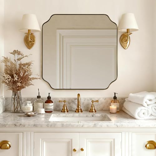 "ANDY STAR 30""x30"" Square Bathroom Mirror, Brushed Gold Scalloped Mirror for Wall, Antique Brass Mirror with Designer-Crafted Rounded Notched Corners???Ideal for Home Remodel"