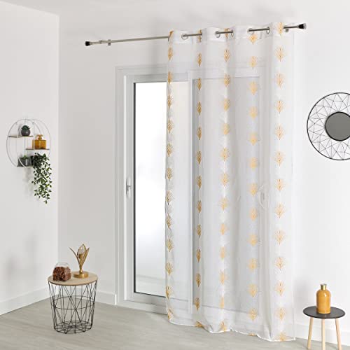 HomeMaison.com Linen Effect Embroidered Net Curtain - Mustard Curtain - 140 x 240 cm - Silver Eyelet Curtain - Modern Window Curtain