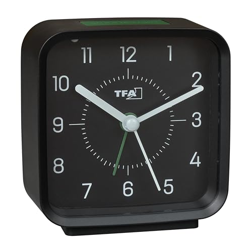 TFA Dostmann 60.1044 Non-Ticking Analogue Alarm Clock with Sweep Movement Alarm Easy to Read for Bedside Table Modern Includes Light with Snooze Function Black/Green