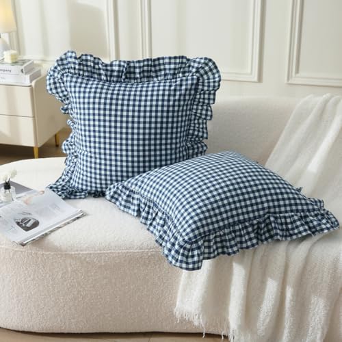 "Silnuo 2 Pack Navy Blue/White Plaid Ruffle Throw Pillow Covers Shabby Checkered Chic Washed Cotton Gingham Pillow Shams for Bed, Sofa, Living Room-20""x20"""