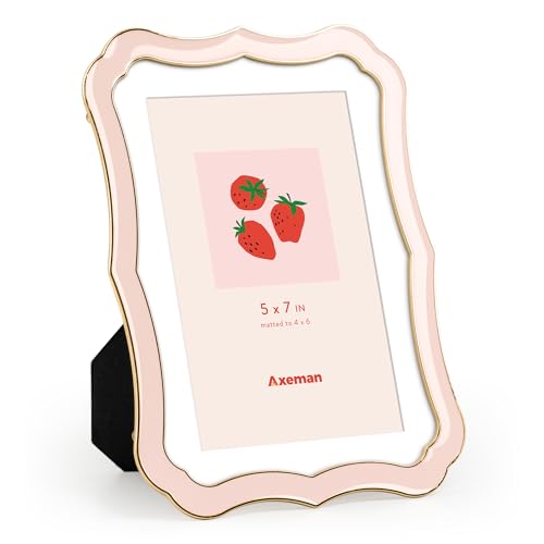 Axeman 5x7 Enamel Picture Frame with Mat for 4x6 Photo-Tempered Glass-5 x 7 Modern Ornate Photo Frame with Gold Metal Edge Velvet Back for Tabletop and Wall Mount Display, Pink