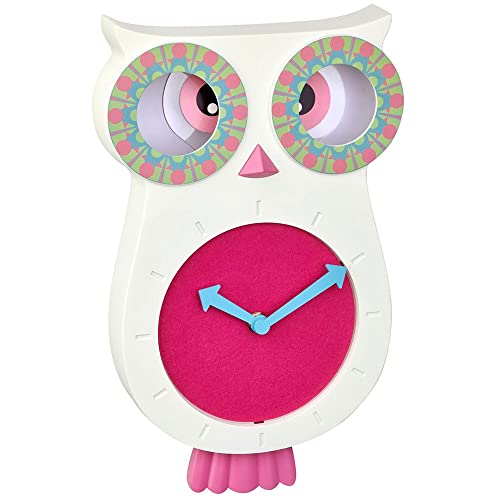 TFA Dostmann Lucy 60.3052.02 Children's Analogue Wall Clock Silent Owl Shaped Pendulum Clock Ideal for Nursery Playroom Girls Boys Pink