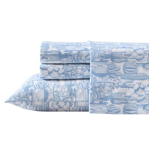 Wrangler - Sheet Set, Breathable & Wrinkle Resistant Bedding with Matching Pillowcases, Yellowstone Inspired, Fully Elasticized (Cactus Toile Blue, King)