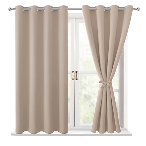 Hiasan Blackout Curtains for Bedroom, 52 x 54 Inches Long - Thermal Insulated & Light Blocking Window Curtains for Living Room/Kids Room, 2 Drape Panels Sewn with Tiebacks, Camel