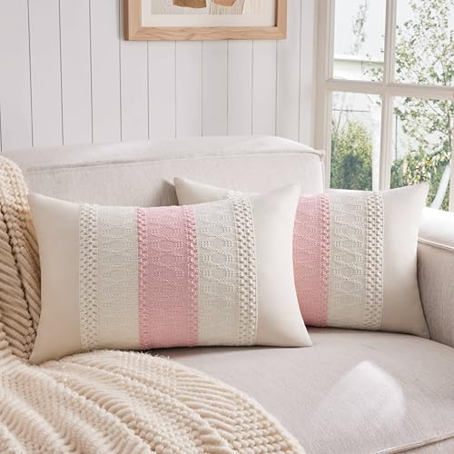 ZeeMart 2 Pack Boho Lumbar Pillow Covers, Contrast Light Pink 12x20in - Soft Breathable Cotton, Farmhouse Decorative Couch Pillow Cases, Cushion Covers for Sofa Bed Living Room Home Decor