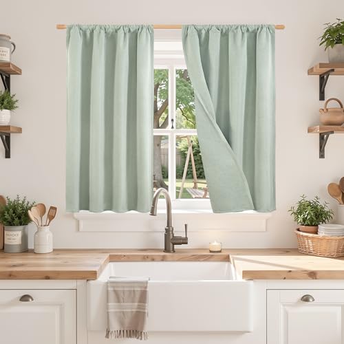BGment Sage Green Short Linen Blackout Curtains 40 Inch Length, Thermal Insulated Drapes with Rod Pocket Room Darkening for Bedroom Window Privacy, 2 Panels Set, Each 30 Inch Wide
