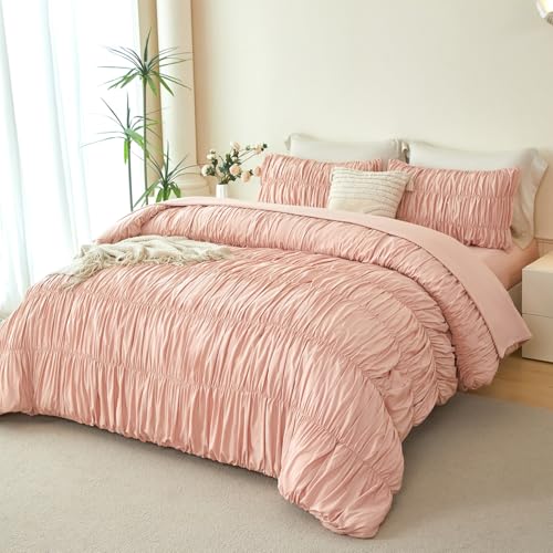 PERFEMET Blush Bed in a Bag King Size 5-Piece Boho Ruched Bedding Comforter Set Soft Luxury Fluffy Pleated Textured Pink Comforter Set with Sheets All Season Farmhouse Ruffled Bed Set(Blush, King)