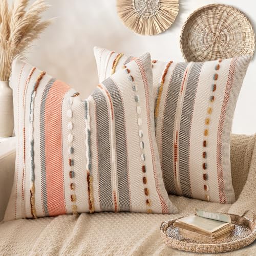 ANRODUO Pack of 2 Boho Decorative Throw Pillow Covers 18x18 Farmhouse Cushion Case Striped Chenille Pillow Cases Square Pillow Covers Accent Neutral Pillowcase for Sofa Couch Bed, Pink Stripe