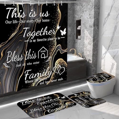 juwute 4Pcs Family Marble Shower Curtain Sets with Rugs,Black Home Inspirational Bathroom Decor Set, Bathroom Sets with Shower Curtain and Rugs, Waterproof Bathroom Shower Curtains, with 12 Hooks