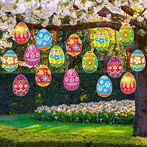 16 Pieces Easter Egg Outdoor Hanging Ornaments Large Happy Easter Hanging Porch & Tree Yard Lawn Decorations - Double-Side Printed '
