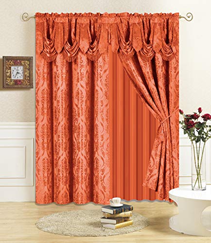 "All American Collection New 4 Piece Drape Set with Attached Valance and Sheer with 2 Tie Backs Included (84"" Length, Orange)"
