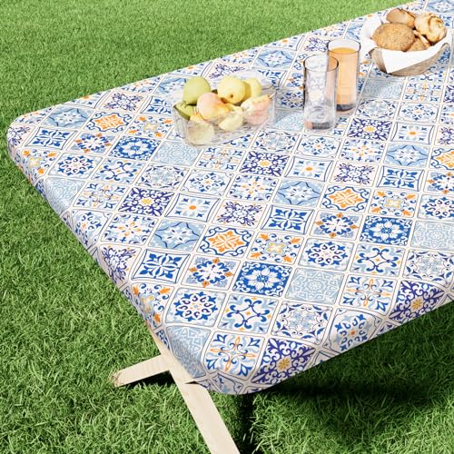 "homing Rectangle Printed Fabric Tablecloth, Elastic Fitted Table Cloth for 6 Foot Table, Washable Polyester Table Cover for Outdoor, Picnic, Camping and Indoor, (Floor Tiles, 30"" x 72"")"