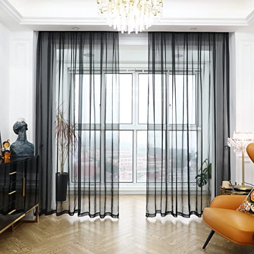 PHILEASY Window Sheer Black Curtains 145 Inches Long 2 Panels Black Sheer Curtains Sheer Curtain Clear Transparent Basic Rod Pocket Panel 15 Colors 10 Size for Bedroom Living Room Yard Kitchen