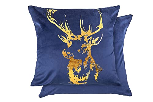Emma Barclay Velvet Stag - Large Soft Plush Velvet Cushion Cover with Foil Print in Navy Blue- 22x22 (55x55cm)