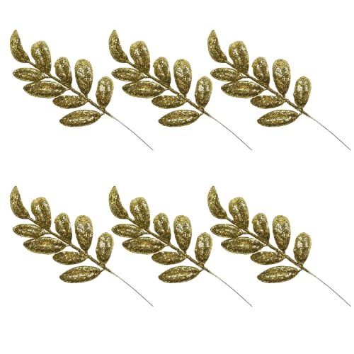 Gold Glitter Christmas Tree Picks Sprays, 35cm Artificial Leaf Stems, 6Pcs