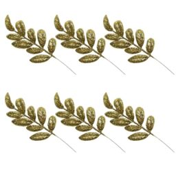 Gold Glitter Christmas Tree Picks Sprays, 35cm Artificial Leaf Stems, 6Pcs