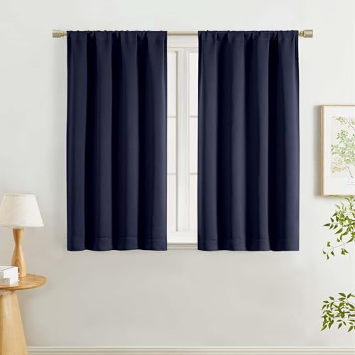 "Lecloud Navy Blue Room Darkening Curtains 45 Inch Length 2 Pcs, Modern Farmhouse Decor Window Curtains for Bedroom, Rod Pocket Solid Thermal Insulated Drapes for Living Room, Each Panel 40"" W x 45"" L"