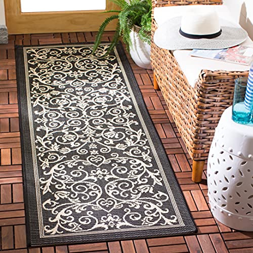 Safavieh Contemporary Rug for Living Room, Dining Room, Bedroom - Courtyard Collection, Short Pile, in Black and Sand, 69 x 244 cm