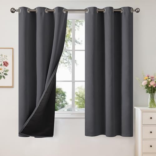 YoungsTex 100% Blackout Curtains for Bedroom, Thermal Insulated Black Out Drapes Grommet Full Room Darkening Energy Saving with Double Layer for Living Room, Dark Grey, 2 Panels, 42 X 68 Inch
