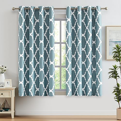 Melodieux Moroccan Printed Room Darkening Blackout Grommet Curtains for Bedroom Living Room Small Windows, 52 by 45 Inch, Dusty Teal (2 Panels)