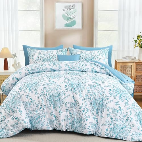 "WONGS BEDDING King Size Comforter Set, 8 Pieces Aqua Floral Bed in a Bag Comforter Sets, Botanical Print Soft Fluffy Microfiber Complete Bedding Sets for All Season (90""x104"")"