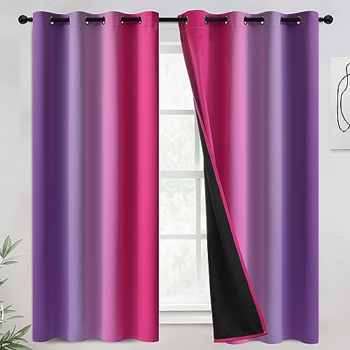 COSVIYA 100% Blackout Curtains & Drapes Pink Purple, 52x63 Inch, 2 Panels, Full Room Darkening, Grommet, Gradient, Insulated, Thermal, Bedroom/Living Room