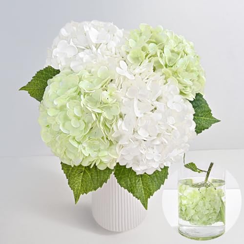 MARTINE MALL 4Pcs 21in Hydrangea Artificial Flowers, Latex Real Touch Hydrangeas Lifelike Large Hydrangea Flowers for Home Decor Party Arrangements Wedding Bouquets Centerpieces (2White&2Light Green)
