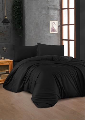 Nuit Des Rêves Premium Ranforce Double Quilt Cover Set, 100% Cotton, Black, 200 x 200 cm, Includes 2 Pillowcases, Button Closure, Machine Washable at 30°C