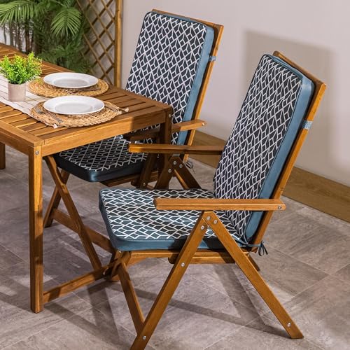 Bean Bag Bazaar Outdoor High Back Seat Pad, Geometic Grey, Set of 2, Garden Chair Seat Cushion with Fibre Fill Included, Water-Resistant, Cushions with ties for Chair, Garden, Patio Furniture