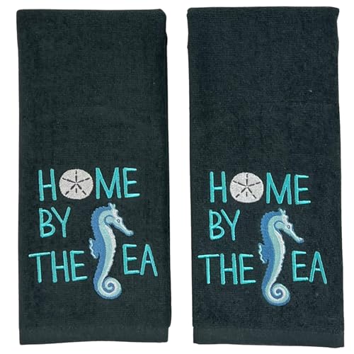 Home by The Sea Set of 2 Embroidered Bath Towels 100% Cotton, Dark Grey