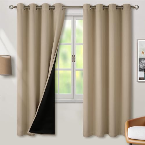 BGment Thermal Insulated 100% Blackout Curtains for Bedroom with Black Liner, Double Layer Full Room Darkening Noise Reducing Grommet Curtain (52 x 72 Inch, Sand, 2 Panels)